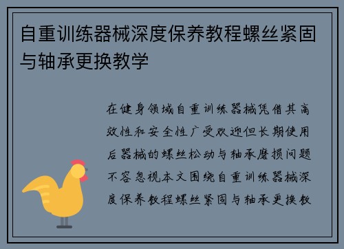自重训练器械深度保养教程螺丝紧固与轴承更换教学